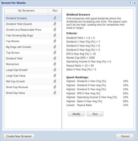 dividend growers screener criteria