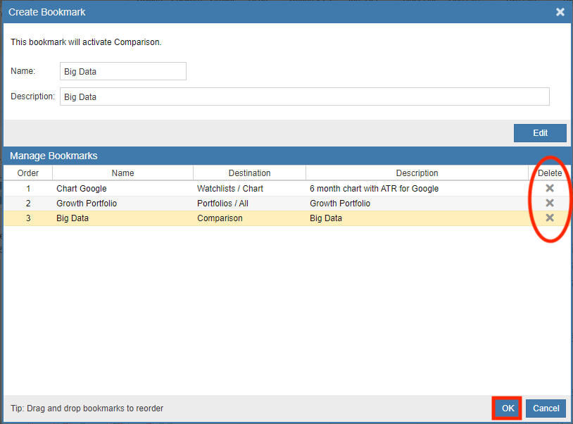 Removing a bookmark from the list
