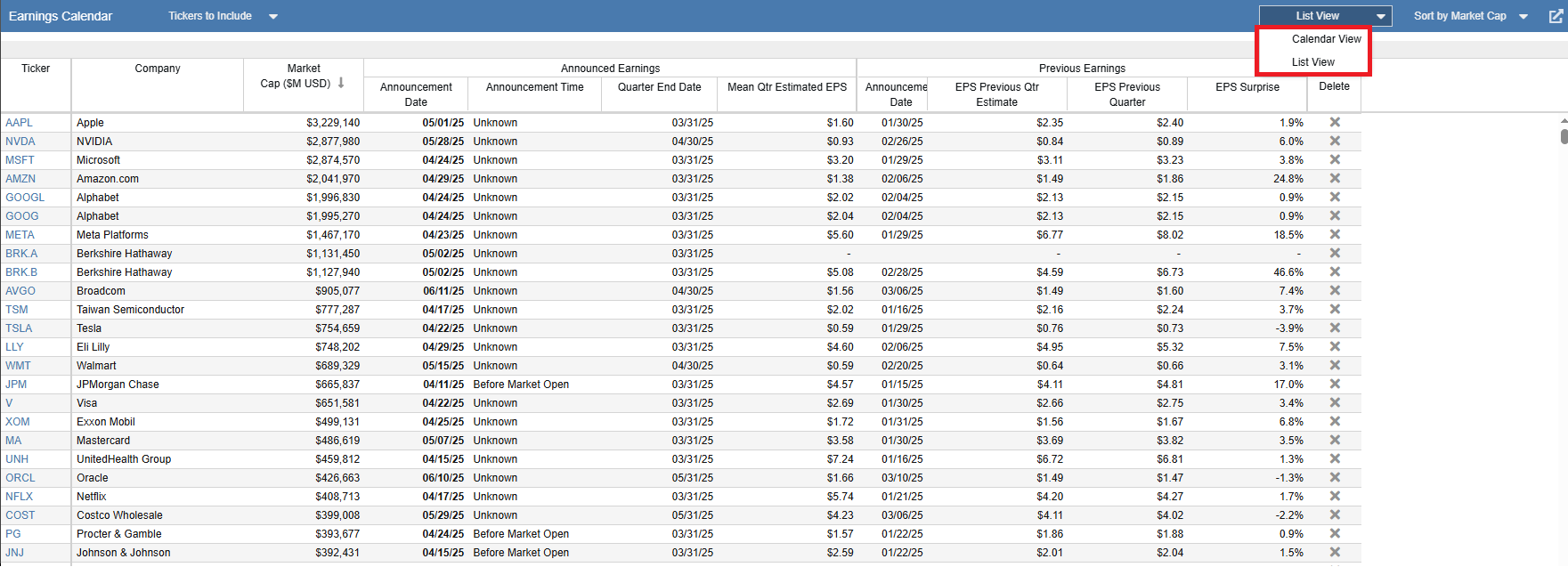 Earnings Calendar