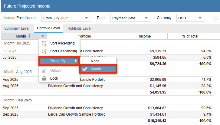 Future Income Portfolio Month Grouping