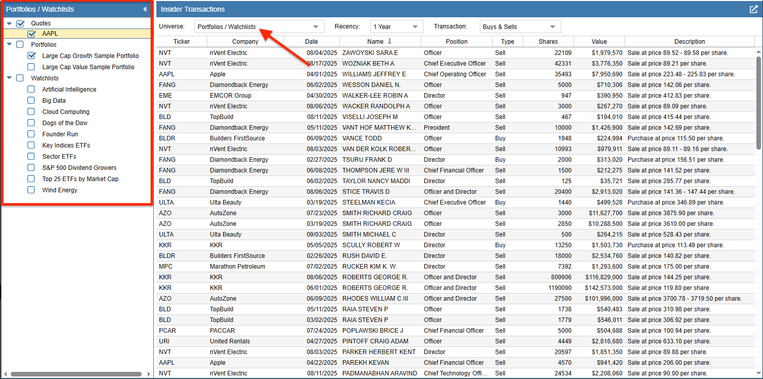 Insider Transactions Navigation Panel