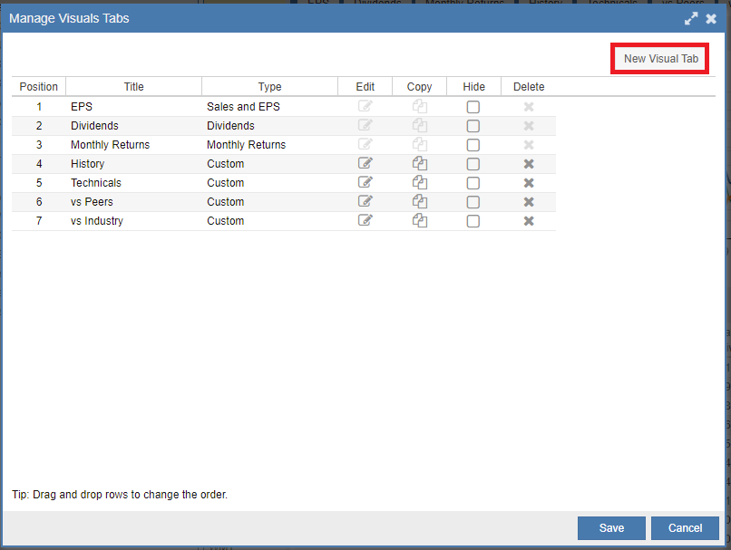 Manage Visuals Tabs Create
