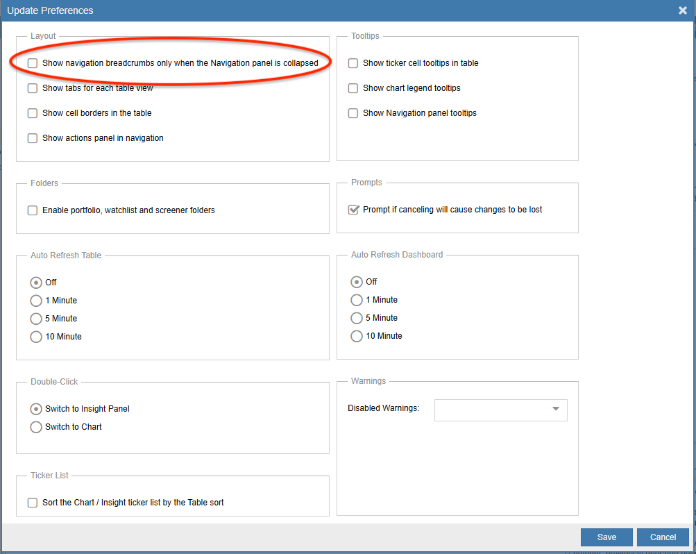 breadcrumb preferences