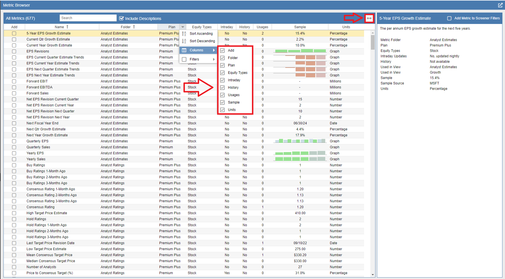 columns metric browser