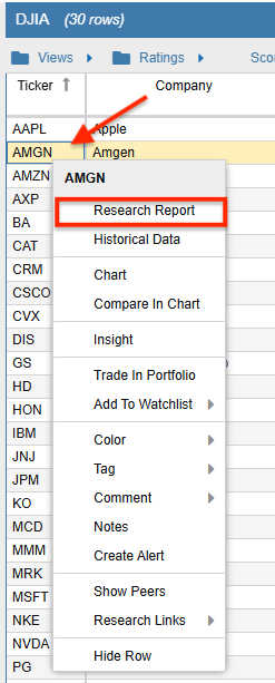 Stock Research Report Right Click