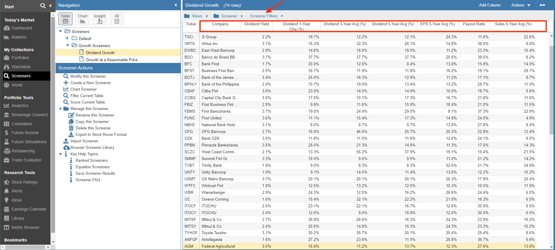 Run in Table Screener Filters