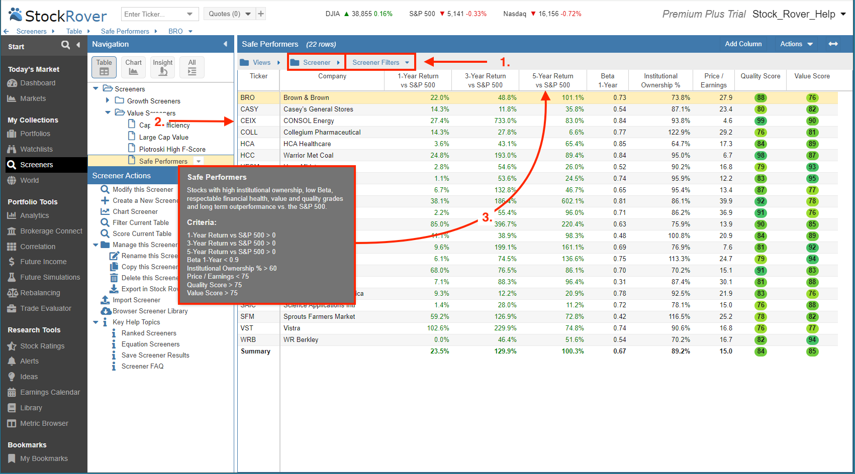 screener filters view
