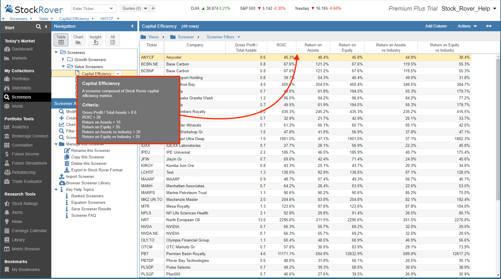 screener filters view