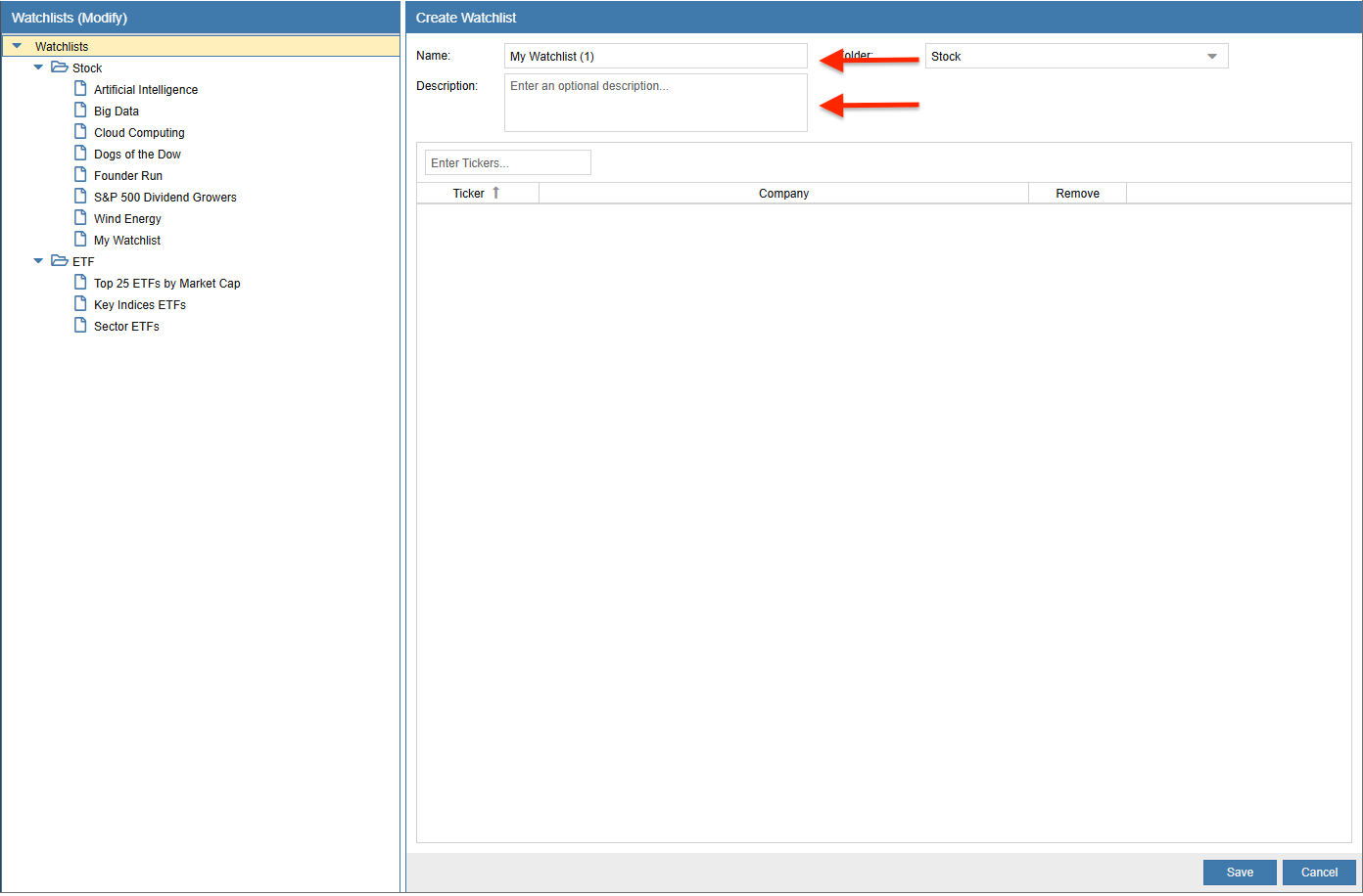 create new Watchlist through task wizard