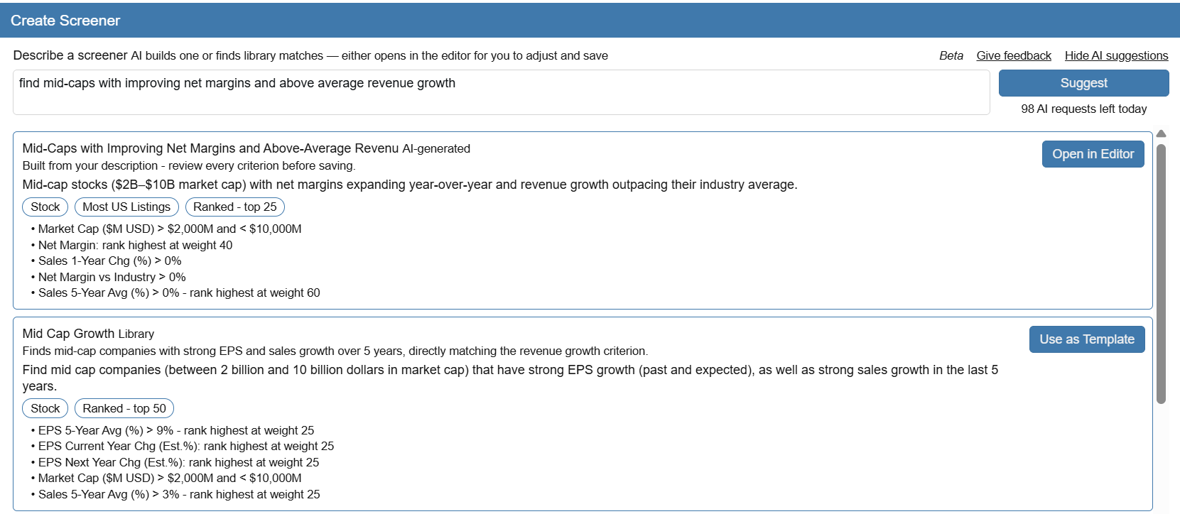 Stock Rover AI screener creation: a plain-language description generates ranked criteria and matching library screeners