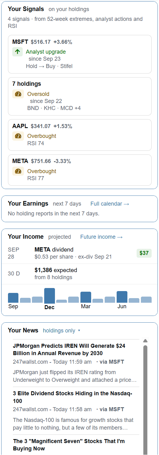 Dashboard side rail with signals, earnings, income and news for your holdings