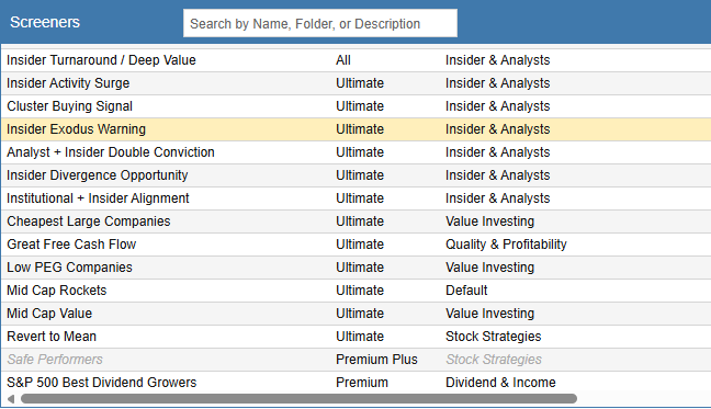 Stock Rover screener library with ready-made strategies
