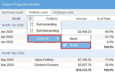 Future Income Portfolio Month Grouping