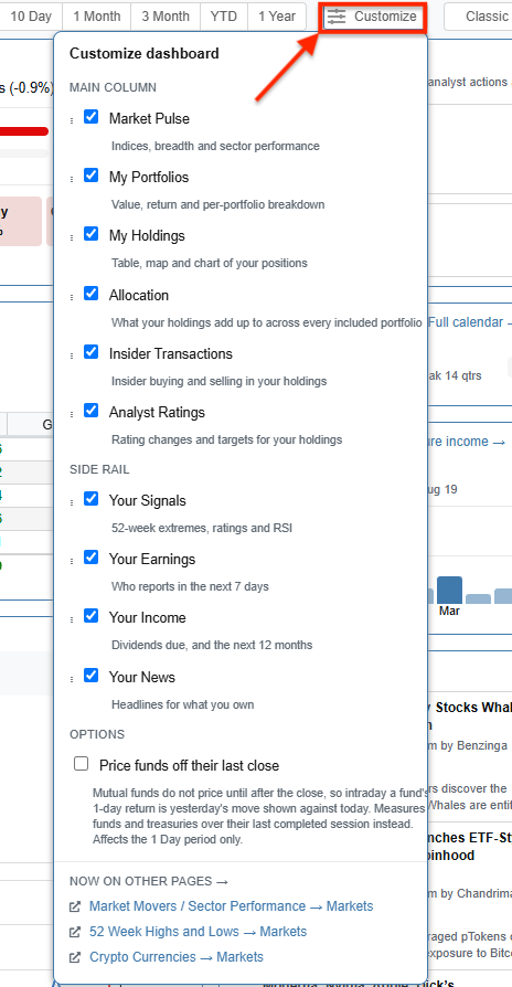Click to enlarge Dashboard Customization Menu