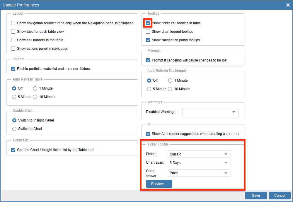 Click to view full image Stock Rover Preferences Window Ticker Tooltip Panel