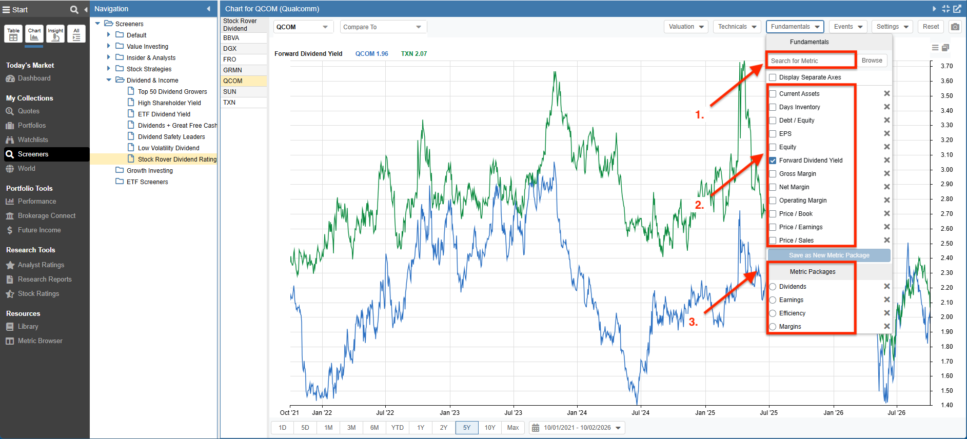 Click to enlarge Stock Rover Fundamental Chart settings for graphing dividend metrics