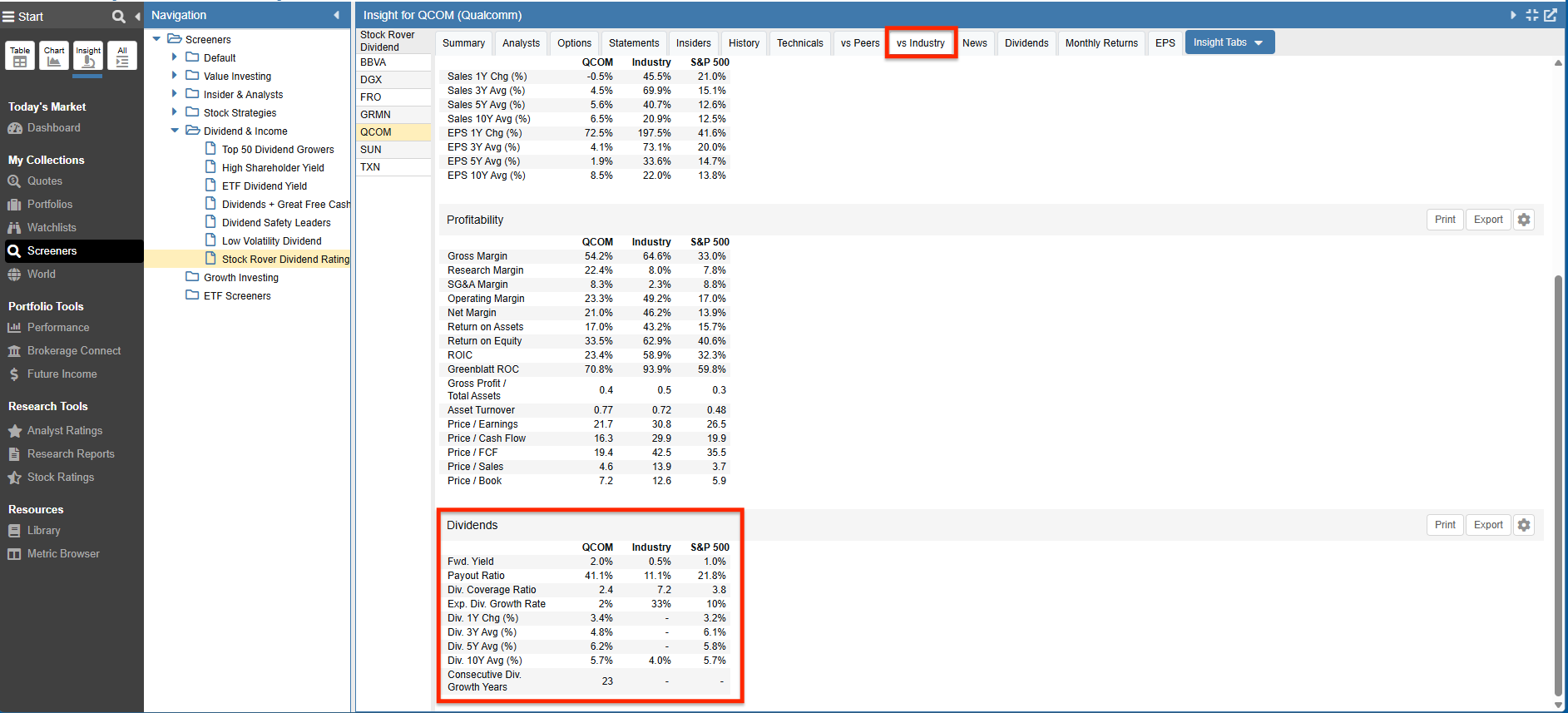 Click to enlarge Stock Rover Insight Panel vs Industry tab showing tabular dividend comparisons