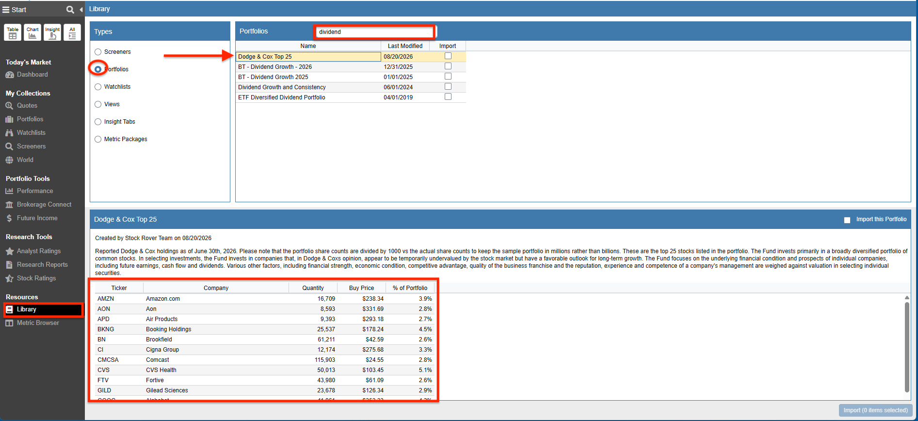 Click to enlarge Stock Rover Investor Library displaying dividend-centric portfolios for import