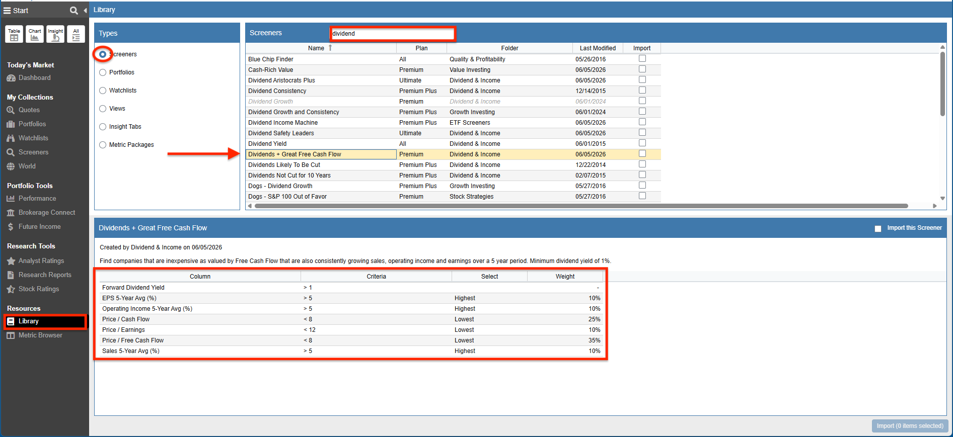 Click to enlarge Stock Rover Investor Library showing pre-built dividend screeners
