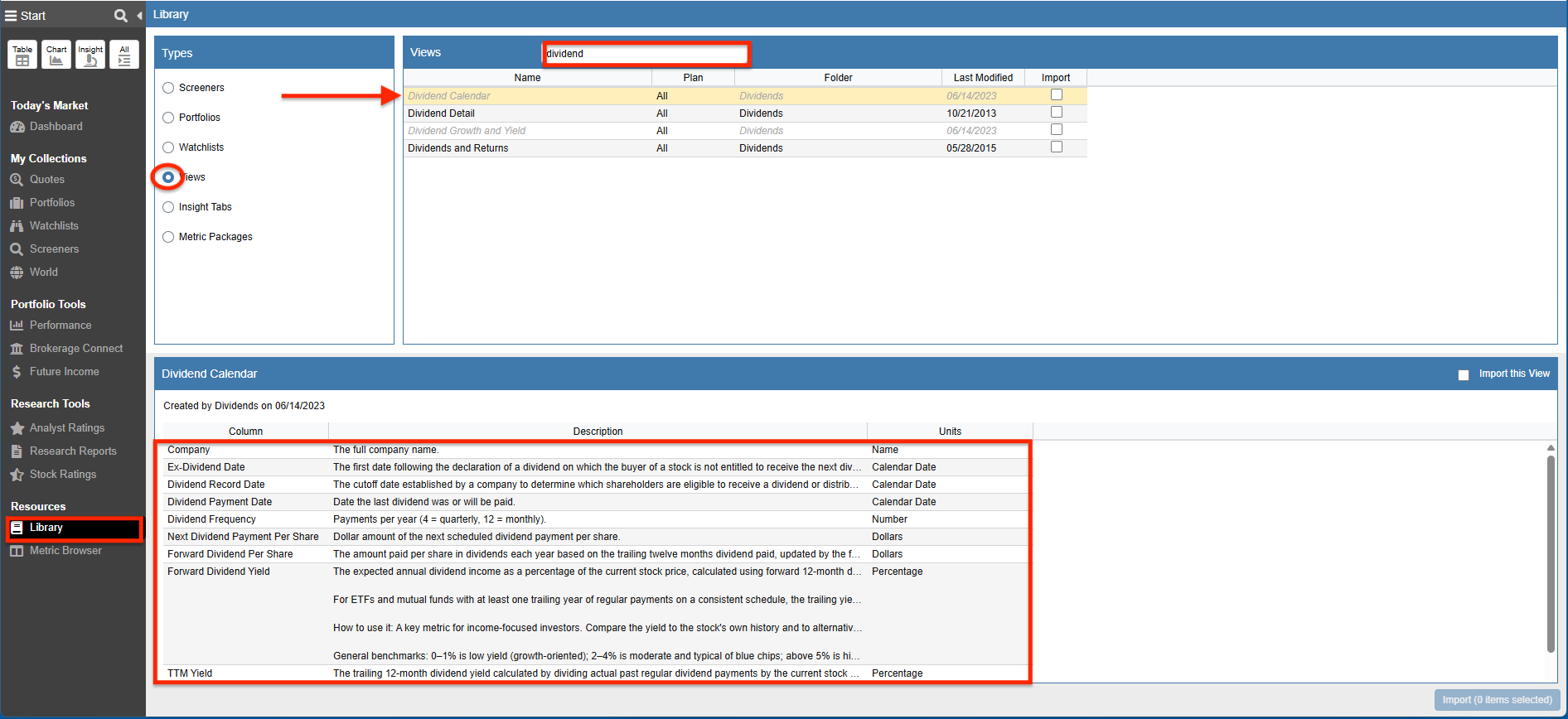 Click to enlarge Stock Rover Investor Library highlighting dividend-centric Table Views